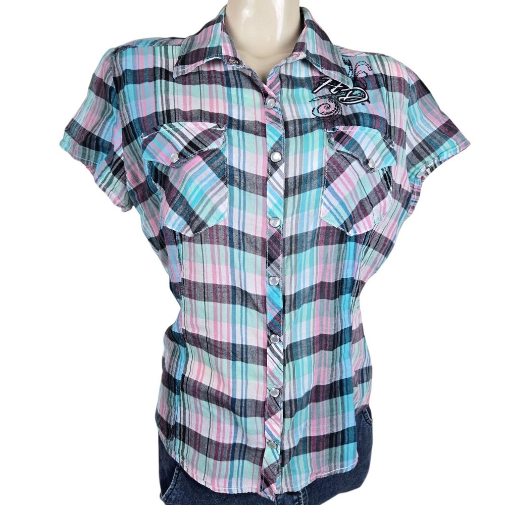 Harley Davidson Pearl Snap Button Shirt Women L Plaid Blue Pink Embroidered Wing - Picture 2 of 7